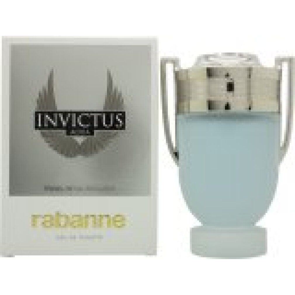 Paco Rabanne Invictus Aqua Eau de Toilette Flakon und Verpackung. Hellblauer Flakon, graue Verpackung.