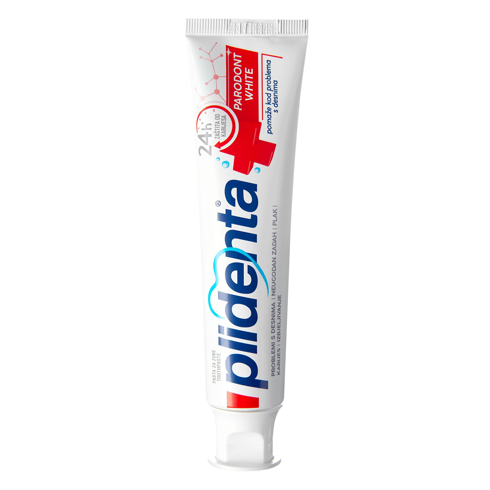 Zahnpasta-Tube mit Text: Plidenta Parodont White. Weißer Hintergrund. Rotes Kreuz, blaue Schrift.