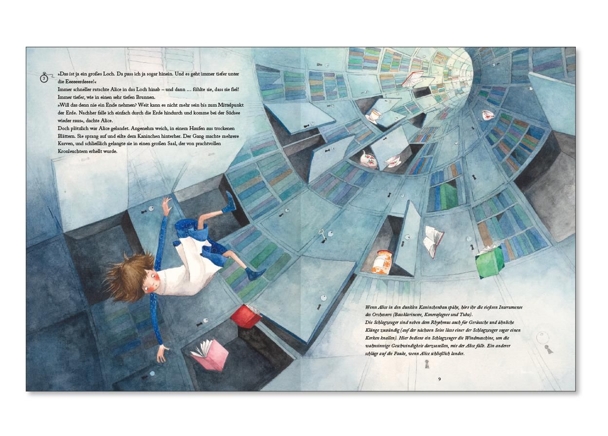 Doppelseite aus dem Buch "Alice im Wunderland". Alice fällt in einen Tunnel. Illustrationen mit Text in deutscher Sprache.