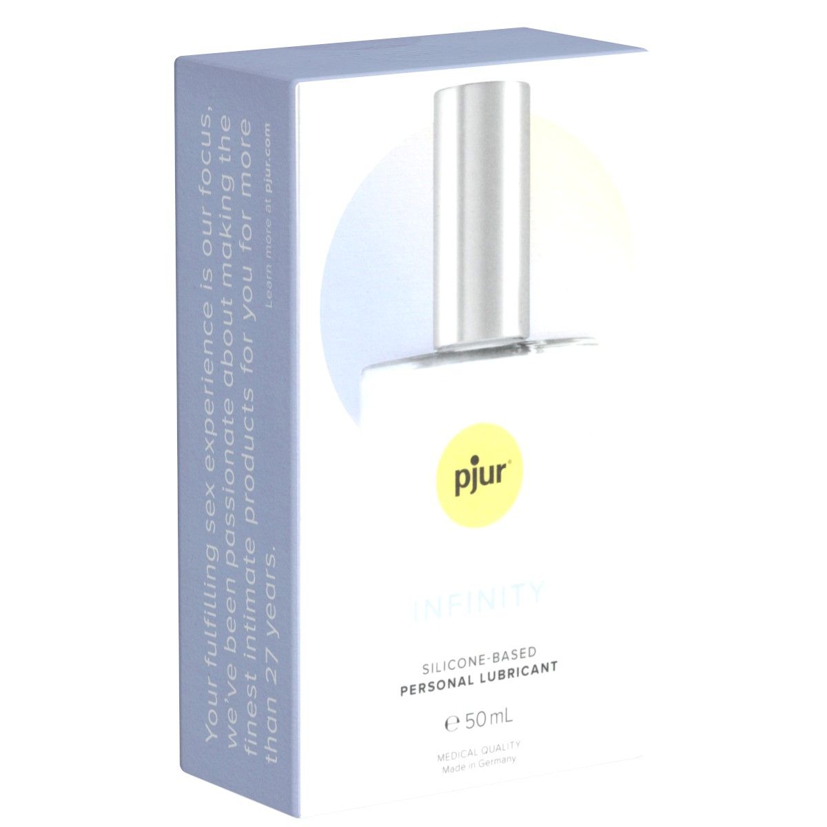 Weißes Fläschchen mit silbernem Verschluss in Verpackung. Aufschrift: pjur, INFINITY, SILICONE BASED PERSONAL LUBRICANT. 50ml.