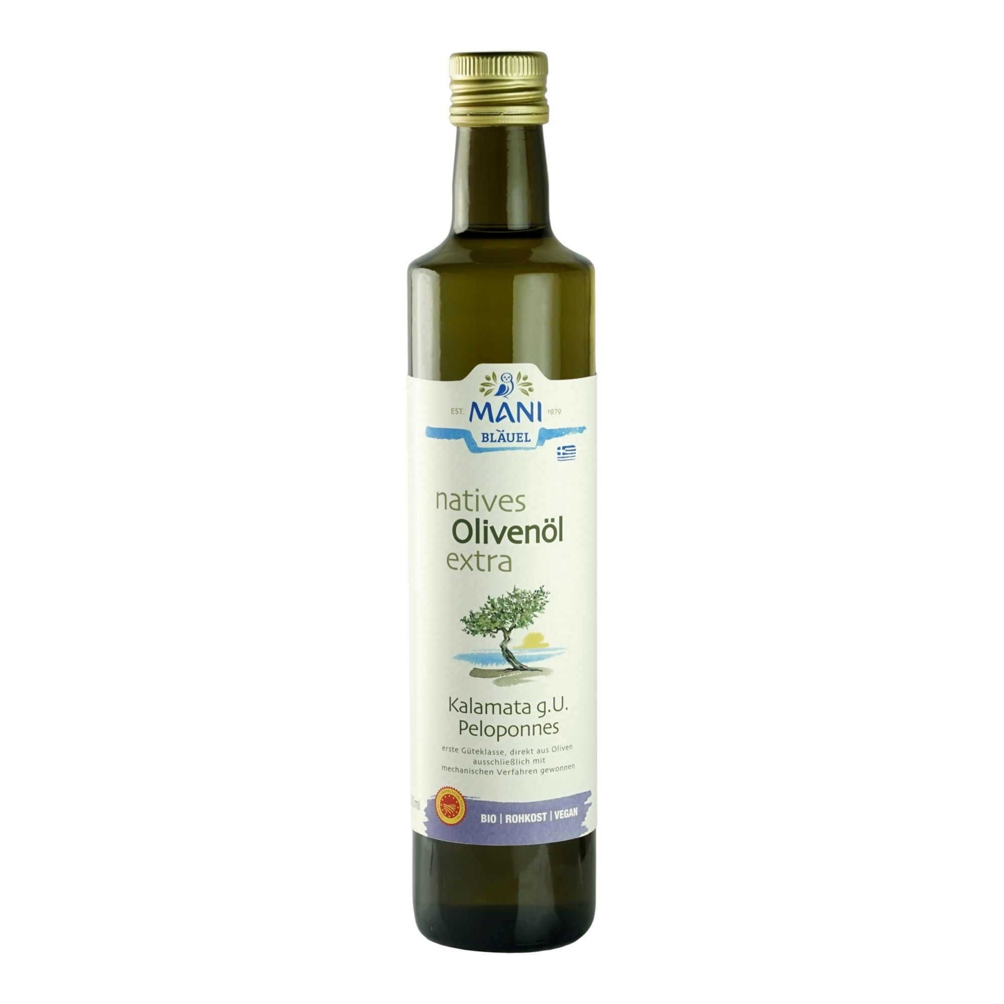 Grüne Glasflasche natives Olivenöl extra, Marke MANI BLÄUEL, Kalamata g.U. Peloponnes.