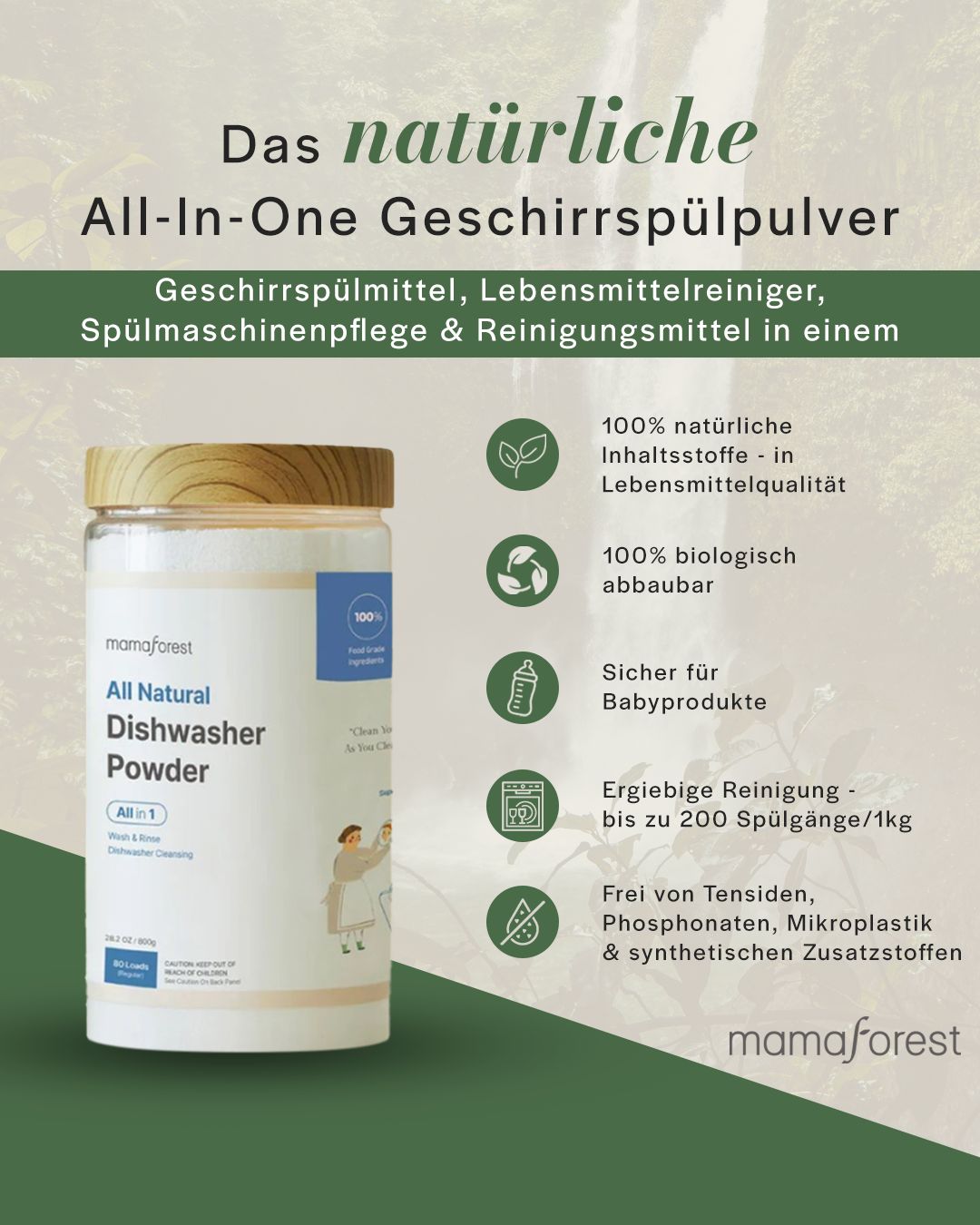 Produktverpackung mit Text und Icons. Mamaforest All-in-One Geschirrspülpulver. Text: 100% natürliche Inhaltsstoffe, biologisch abbaubar, sicher für Babyprodukte.