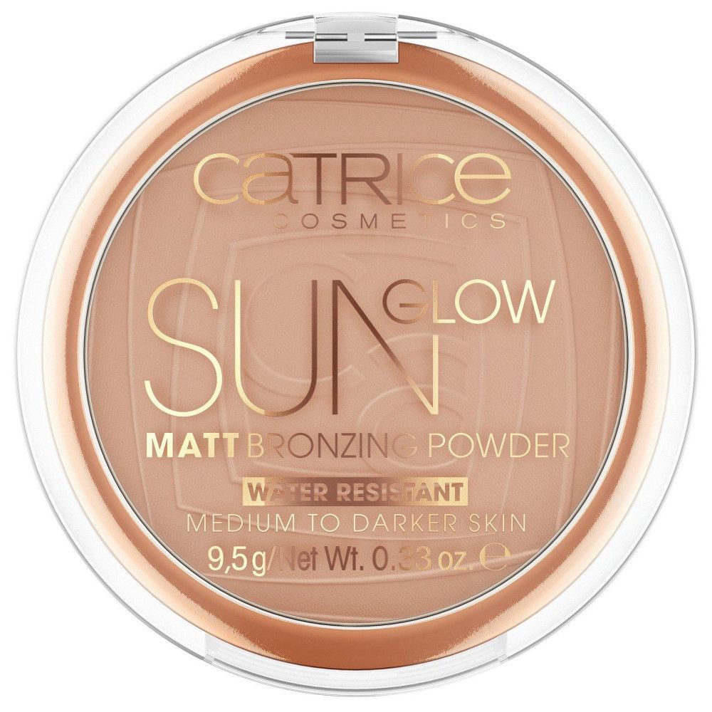 Runder Bronzer-Puder in transparenter Dose. Aufschrift: Catrice Sun Glow Matt Bronzing Powder. 9,5g. Für mittlere bis dunklere Haut.
