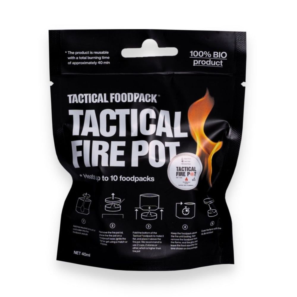 Schwarze Verpackung mit "TACTICAL FIRE POT"-Logo und Flammen-Illustration. Enthält Informationen über die Verwendung und das Produkt.
