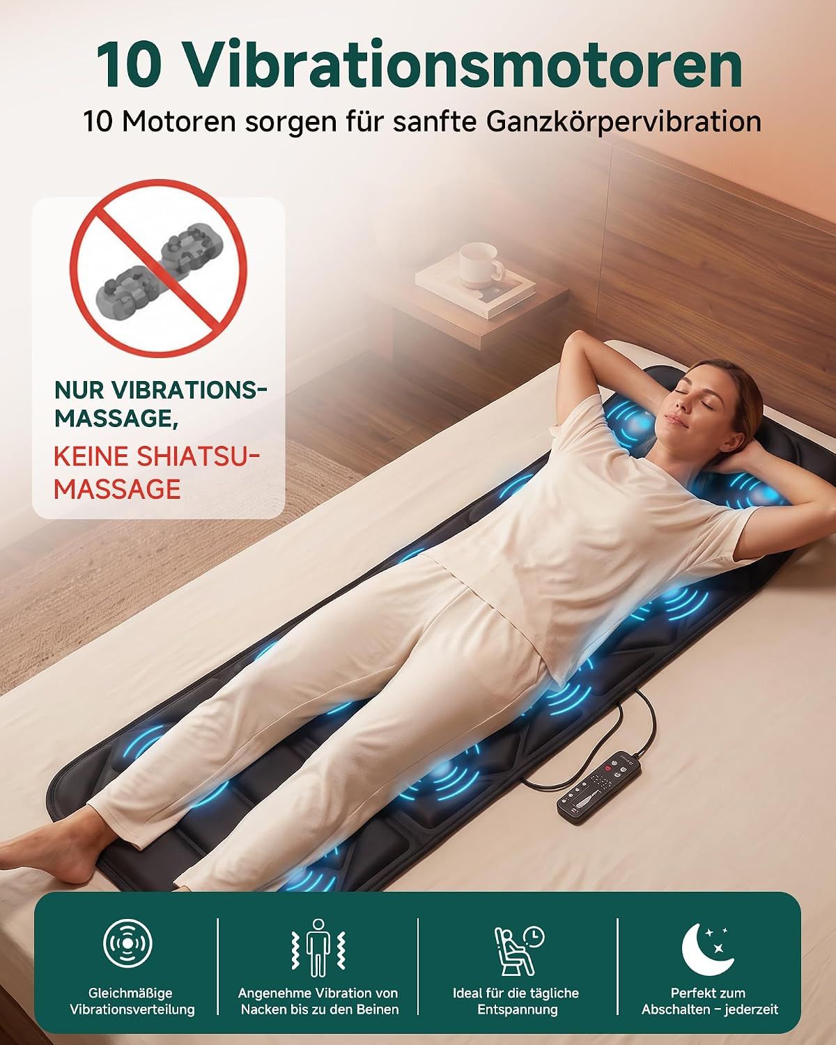 Frau liegt auf einer Massagematte mit 10 Vibrationsmotoren für Ganzkörpermassage.