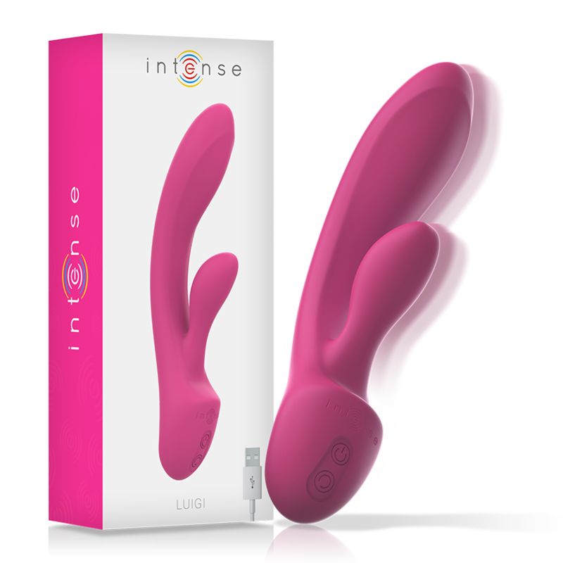 Rosa Vibrator mit Verpackung. Produktname: Intense Luigi. Silikon. USB-Kabel. Verpackung mit Logo und Produktnamen.