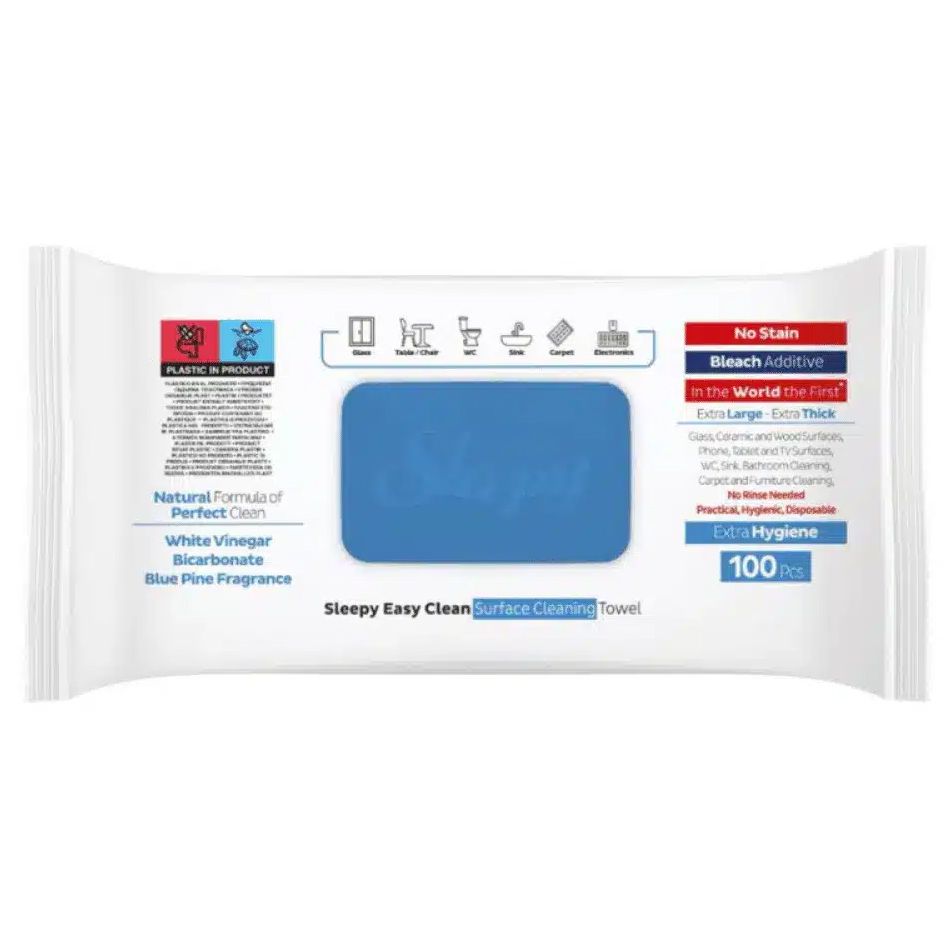 Weißes Paket mit blauer Öffnung. Text: Sleepy Easy Clean Surface Cleaning Towel. 100 Stück. Extra Hygiene.