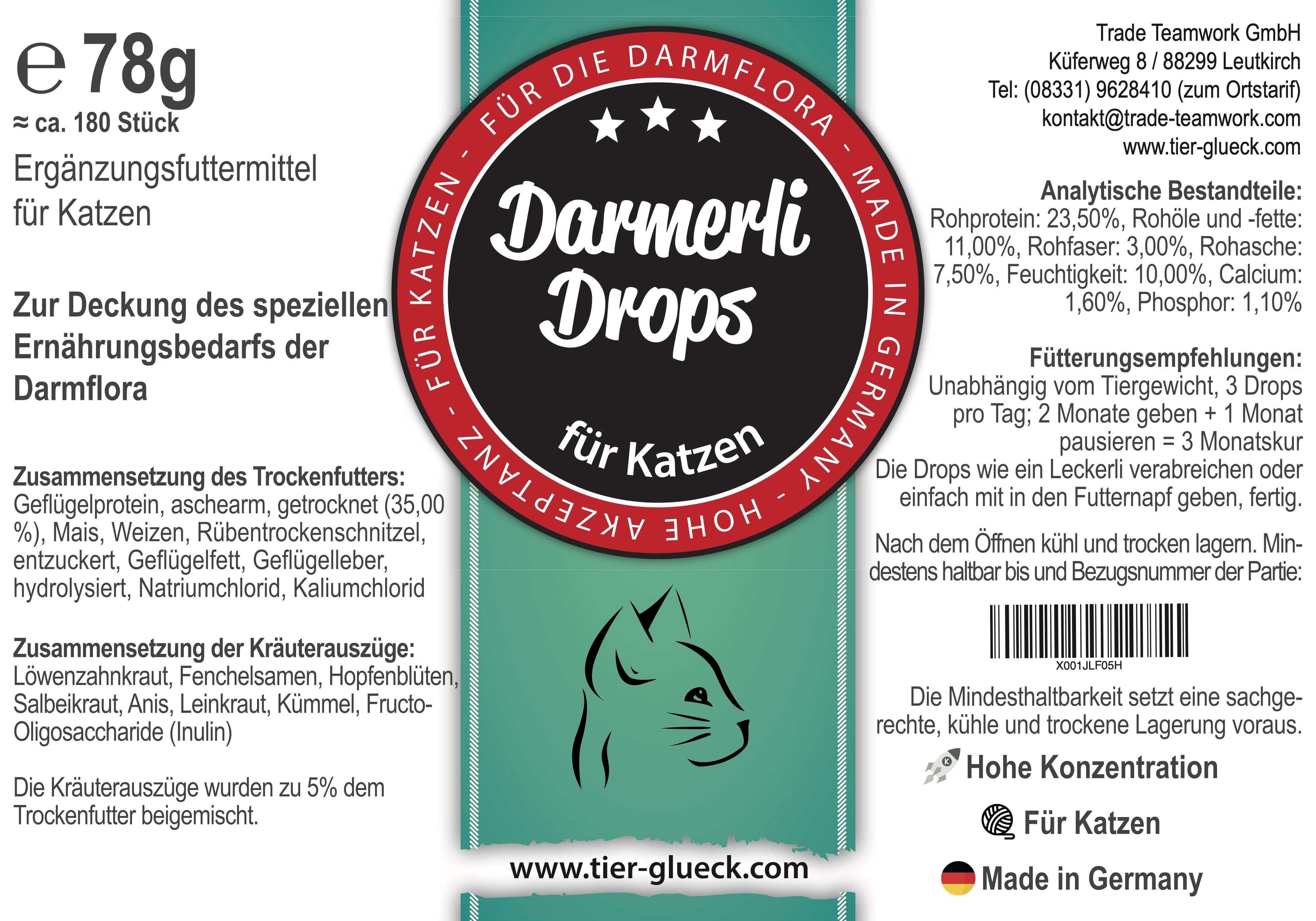 Etikett der TierGlück Darmerli Drops für Katzen. Enthält Produktnamen, Inhaltsstoffe, Herstellerinformationen und Logo.
