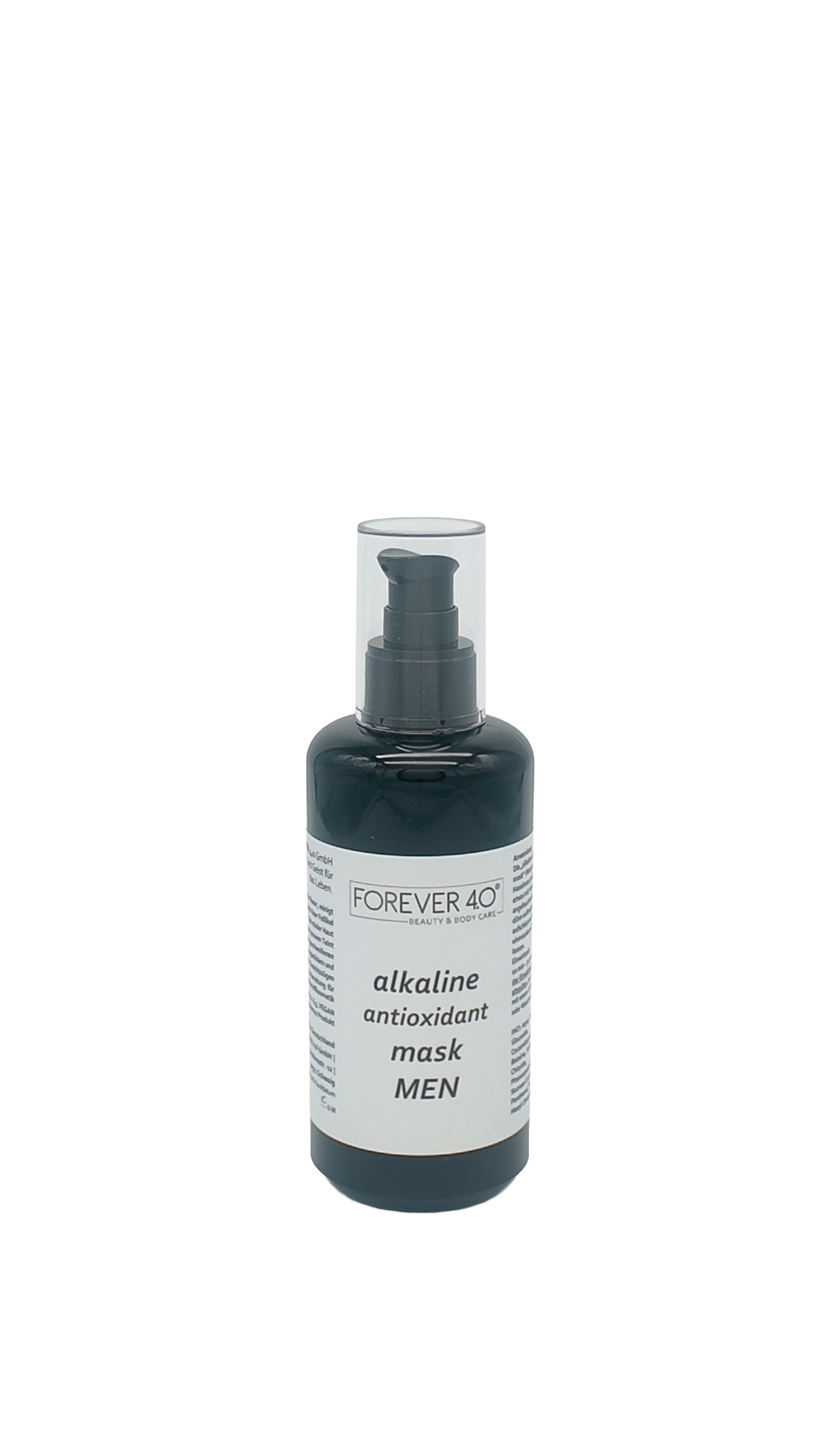 Dunkle Flasche mit Pumpverschluss. Aufschrift: FOREVER 40, alkaline antioxidant mask MEN.