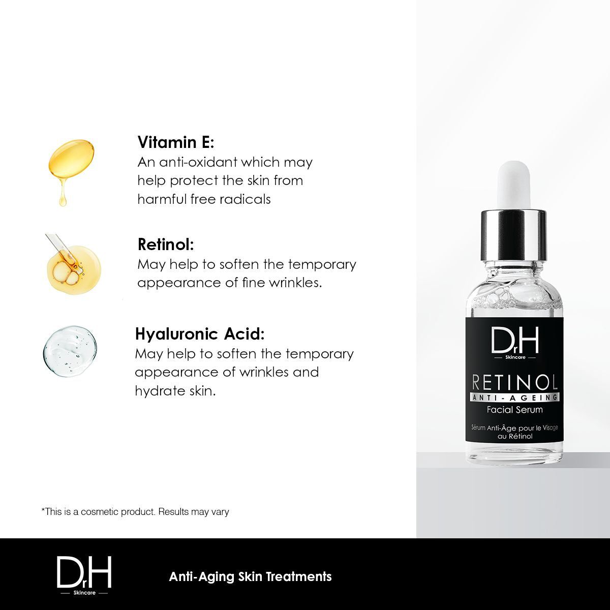 Serumflasche. Text: Vitamin E, Retinol, Hyaluronsäure. Hilft bei der Hautpflege. Flasche mit Pipette.