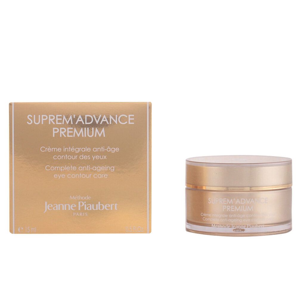 Goldfarbene Faltschachtel und Tiegel. Aufschrift: Suprem'Advance Premium, Crème intégrale anti-âge contour des yeux, Jeanne Piaubert.