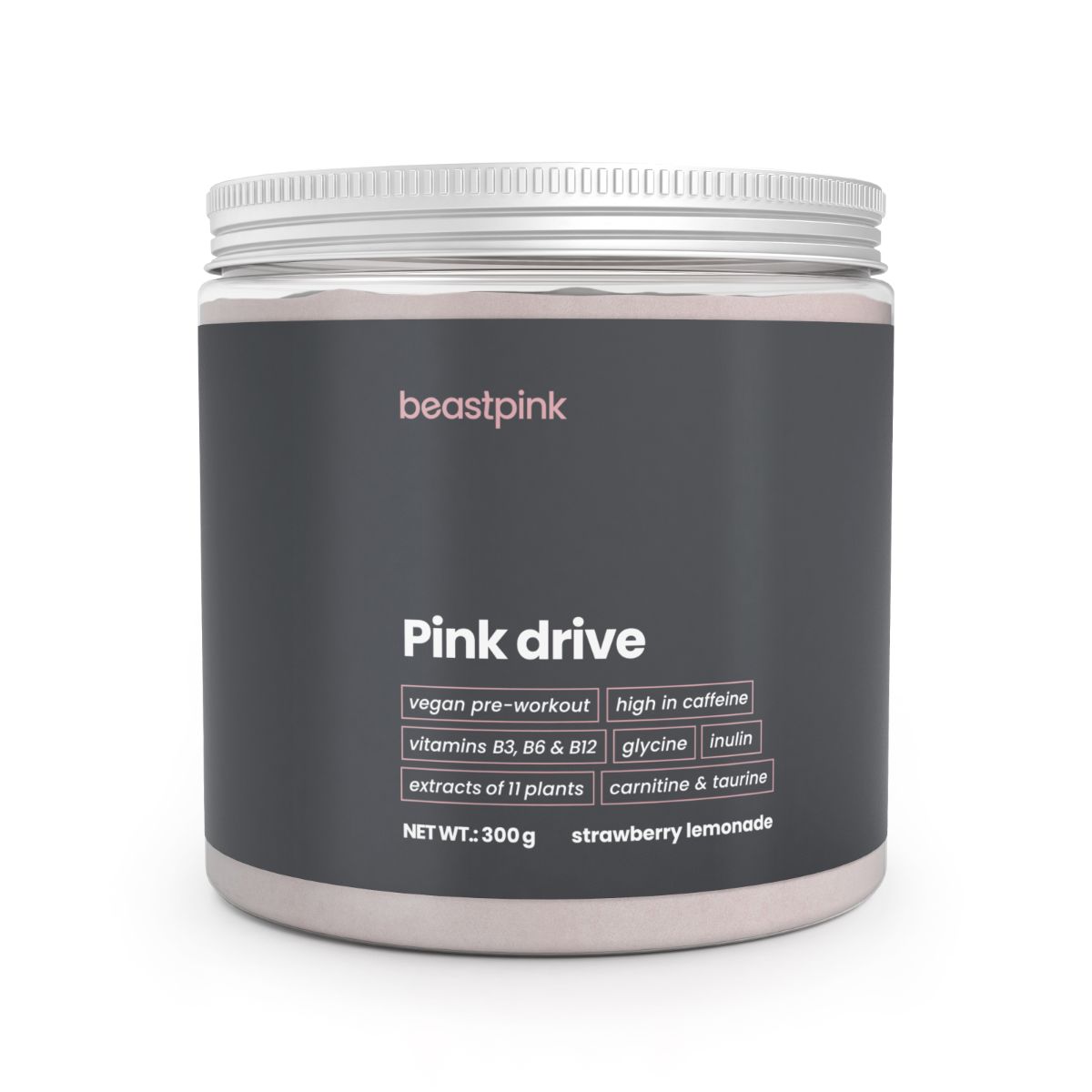 Grauer Behälter mit rosa Pulver, "Pink drive" Aufschrift, vegan, koffeinreich, 300g.
