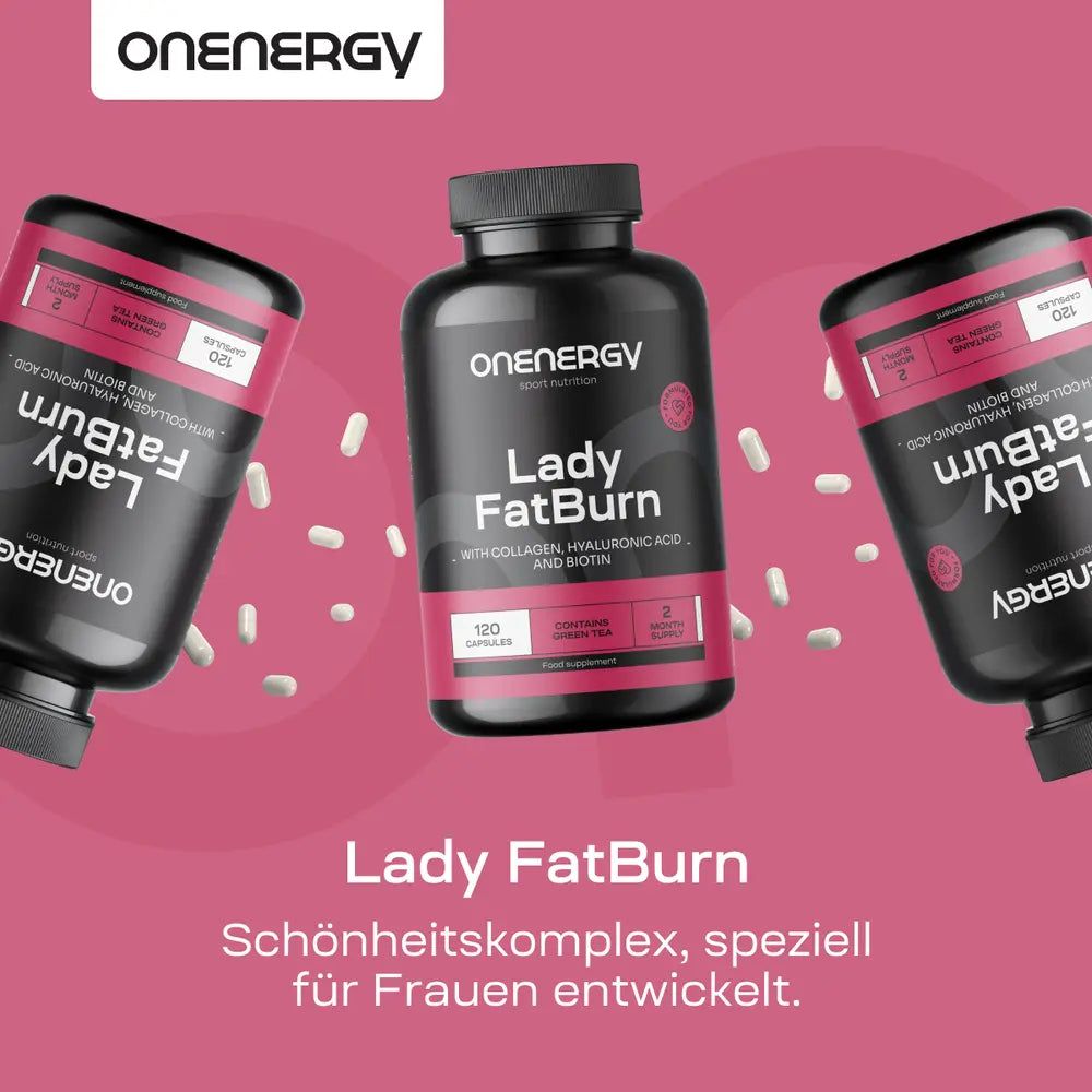 Werbebild mit Produkt. Drei Flaschen: OnEnergy Lady FatBurn. 120 Kapseln. Rosa Hintergrund. Text: Schönheitskomplex, speziell für Frauen entwickelt.