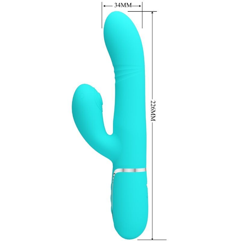 Türkisfarbener Vibrator mit G-Punkt-Stimulator. Maße: 226 mm lang, 34 mm breit. Mit Messlinien.