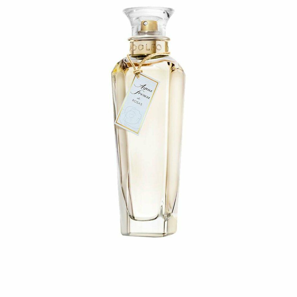 Adolfo Dominguez Agua Fresca de Rosas Eau de Toilette Spray. Transparenter Flakon mit goldfarbenem Verschluss und Etikett.