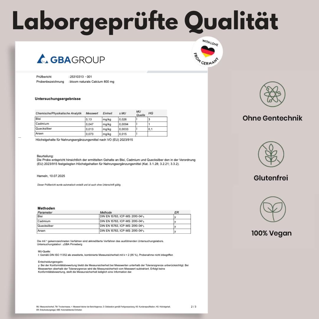 Laborgeprüftes Dokument. Text: GBA Group, Analyseergebnisse, ohne Gentechnik, glutenfrei, 100% vegan. Mit 'Made with love from Germany' Siegel.