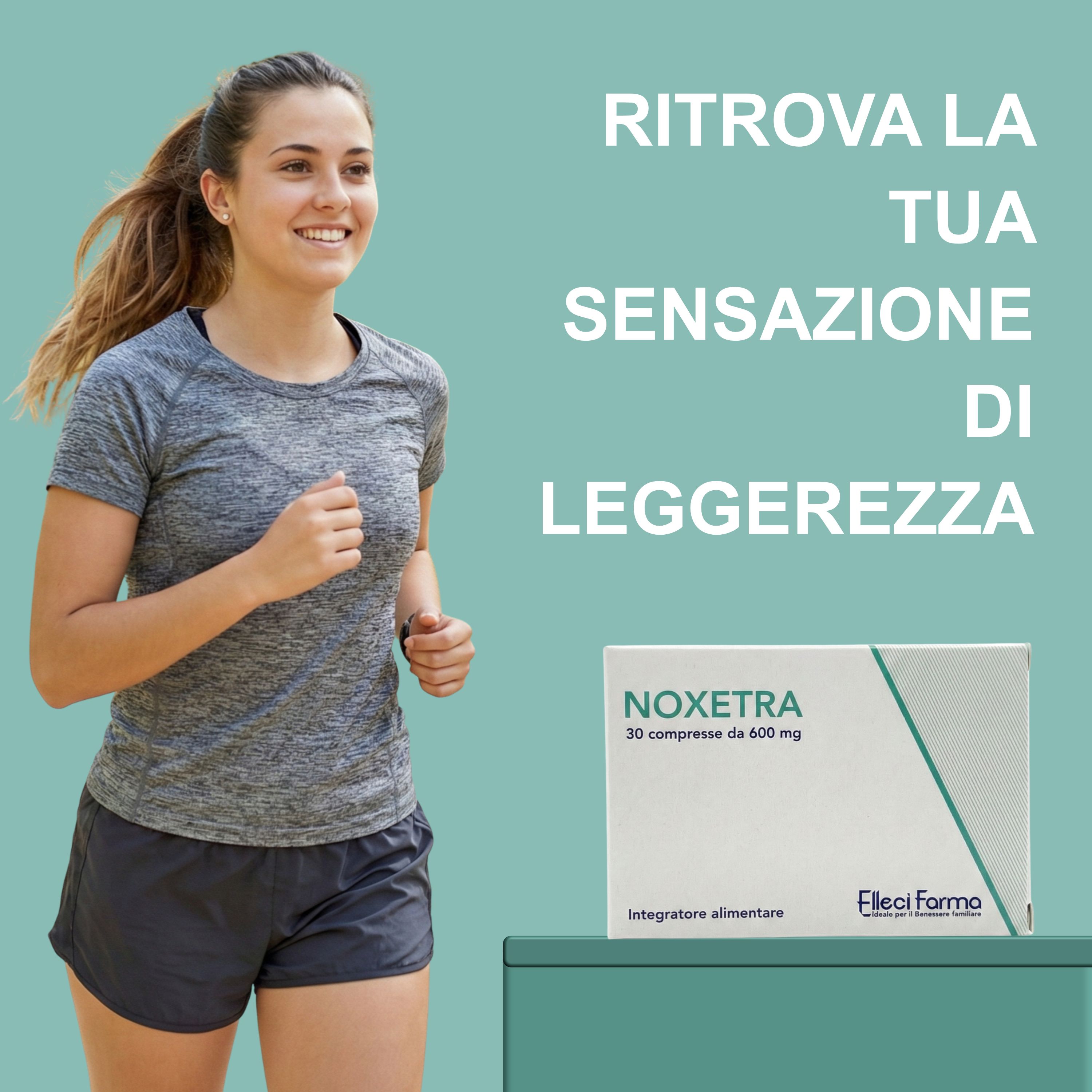 Läuferin mit einer Packung Noxetra Nahrungsergänzungsmittel.