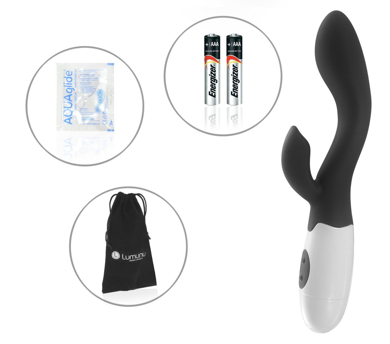 Vibrator, Gleitmittel, Batterien und Beutel. Der Vibrator ist schwarz und weiß. Batterien: Energizer. Beutel: Lumunu.