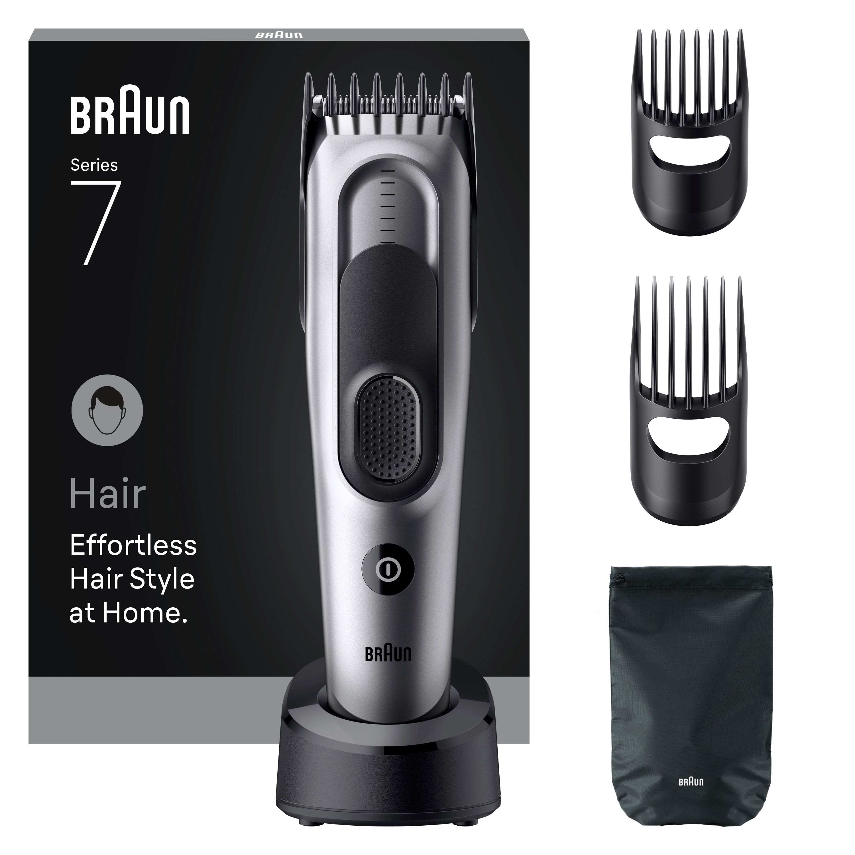 Haarschneider mit Zubehör. Enthält Aufsätze, Ladestation und Beutel. Marke: Braun, Serie 7.