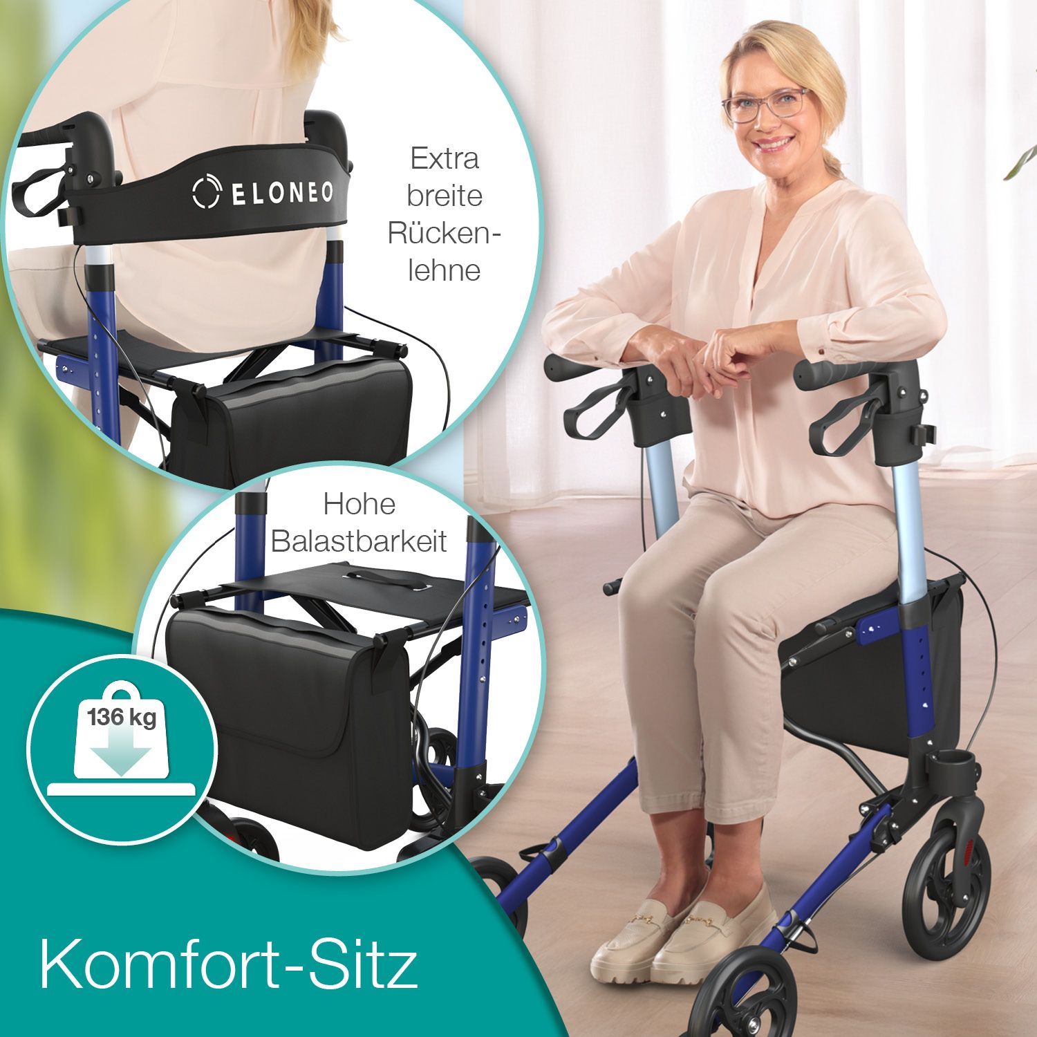 Frau sitzt auf blauem Rollator. Schwarzer Sitz, Tasche. Text: "Komfort-Sitz", "Hohe Belastbarkeit", 136 kg.