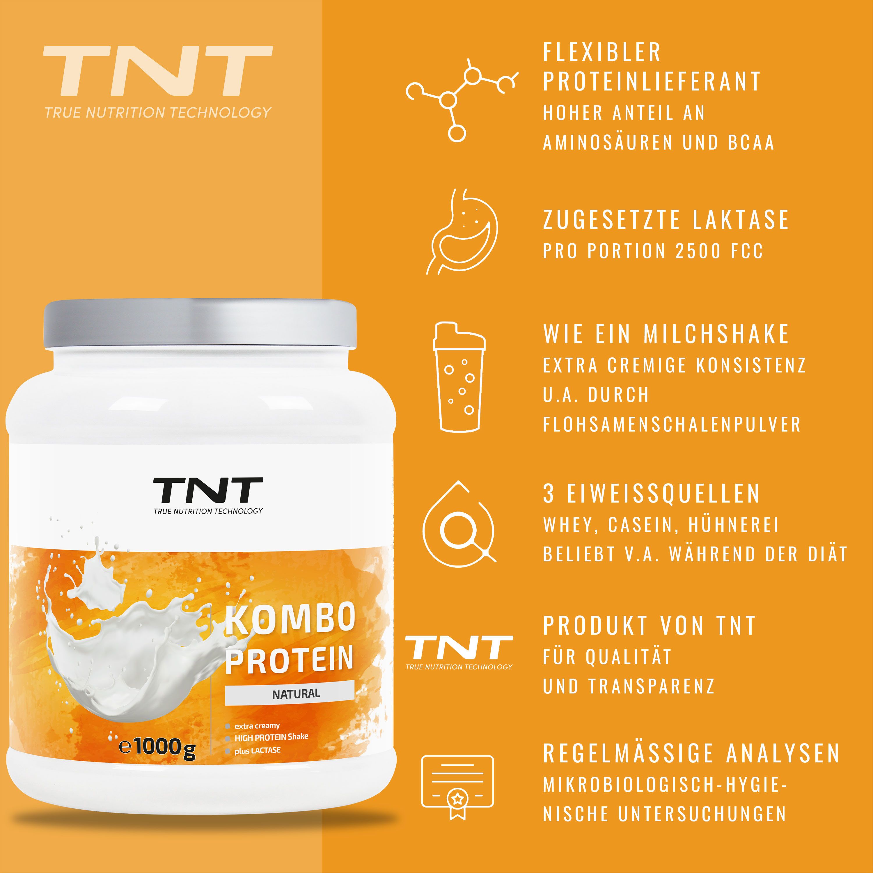 Weißes TNT Kombo Protein-Behälter mit silbernem Deckel. Aufschrift: Kombo Protein Natural. 1000g. Zusätzliche Textinformationen auf orangefarbenem Hintergrund.