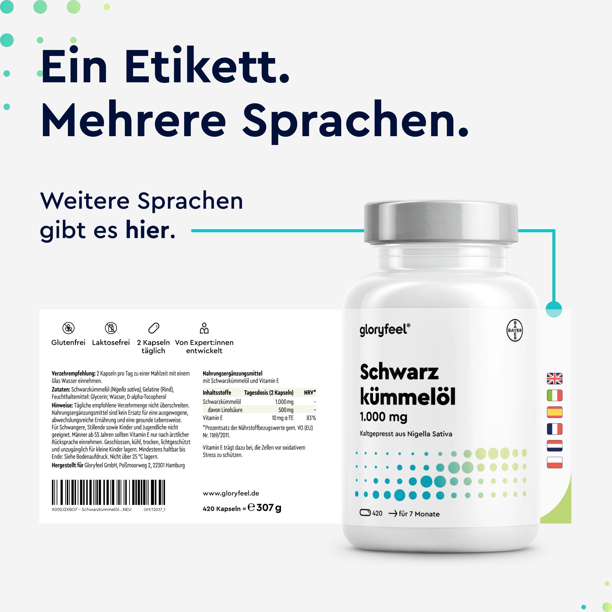 gloryfeel® Schwarzkümmelöl - 420 Kapseln - 1000mg/Tagesdosis Nigella sativa kaltgepresst - Vitamin E