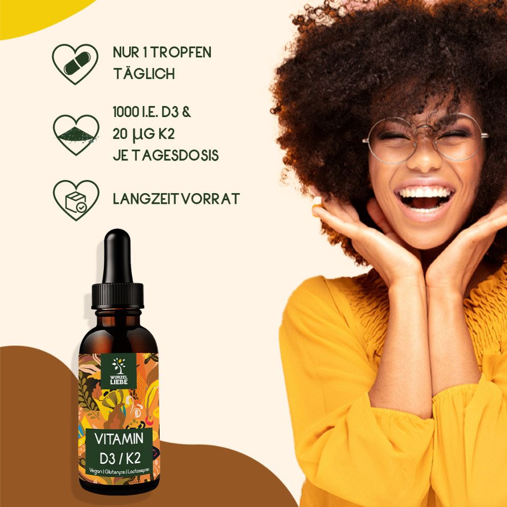 Frau mit Flasche "WURZELLIEBE Vitamin D3 / K2". Text: Nur 1 Tropfen täglich, 1000 I.E. D3 & 20 µg K2, Langzeit Vorrat.