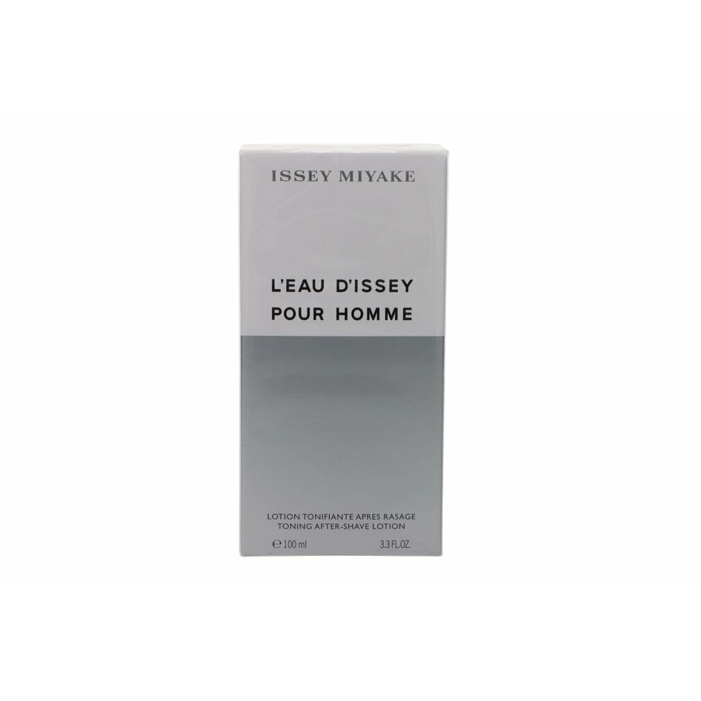 Issey Miyake After Shave Lotion. Weiße Verpackung mit Text: L'Eau d'Issey pour Homme, Lotion Tonifiante.