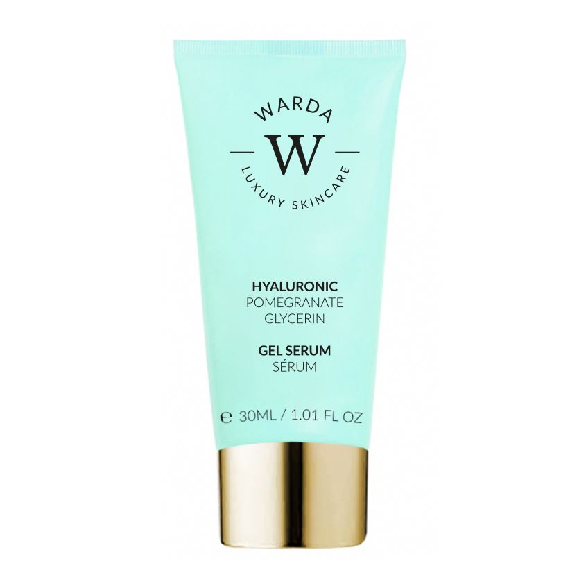 Türkisfarbene Tube mit goldenem Deckel. Schriftzug: Hyaluronsäure, Glycerin, Gel Serum, 30ml. Marke: Warda Luxury Skincare.
