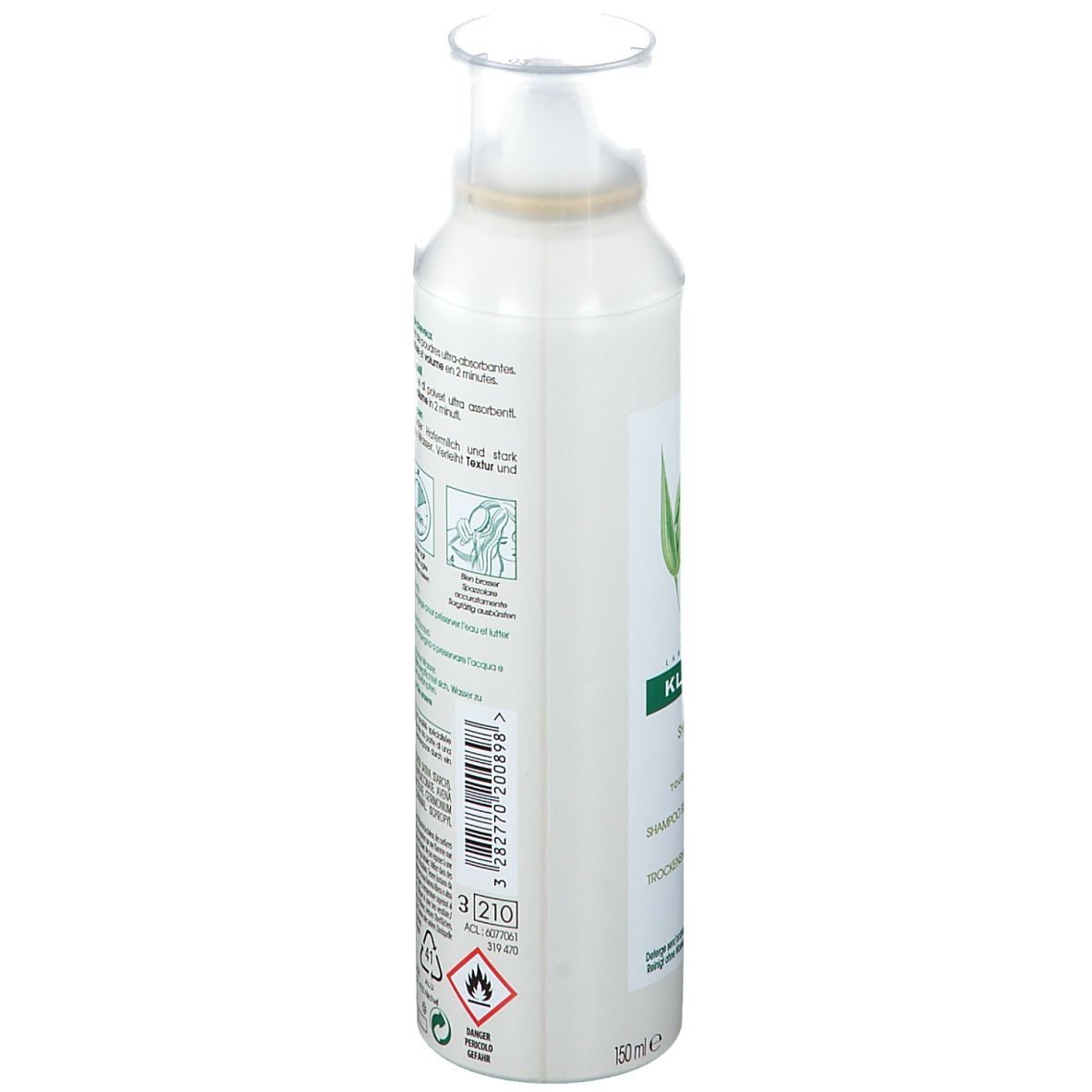 Weißes Spray mit Sprühkopf. Etikett mit Text und Piktogrammen. 150ml. Warnhinweise.