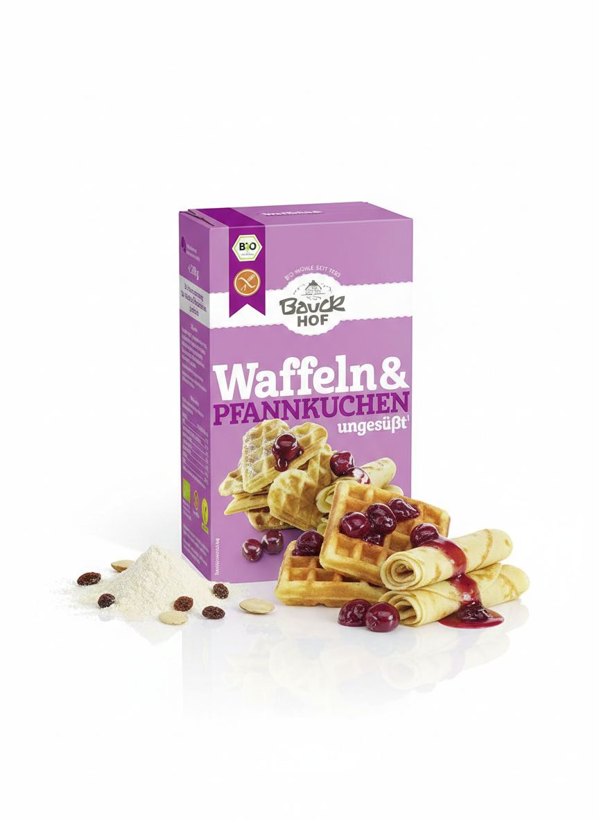 Bauckhof glutenfreie Waffel- und Pfannkuchenmischung, ungeüsst, 200g, mit garnierten Waffeln und Kirschen.