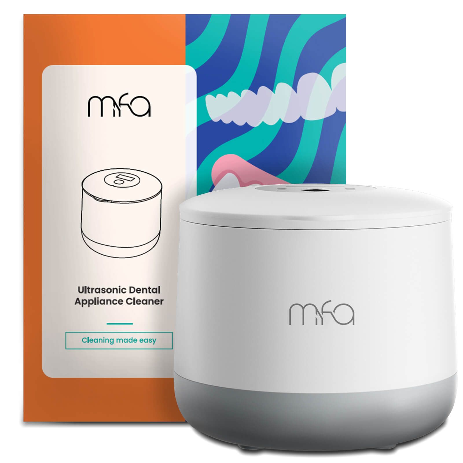 Ultraschallreiniger mit Verpackung. Weiß-graues Gerät mit Logo 'mfa'. Auf der Verpackung: Produktzeichnung, Text 'Ultrasonic Dental Appliance Cleaner'.