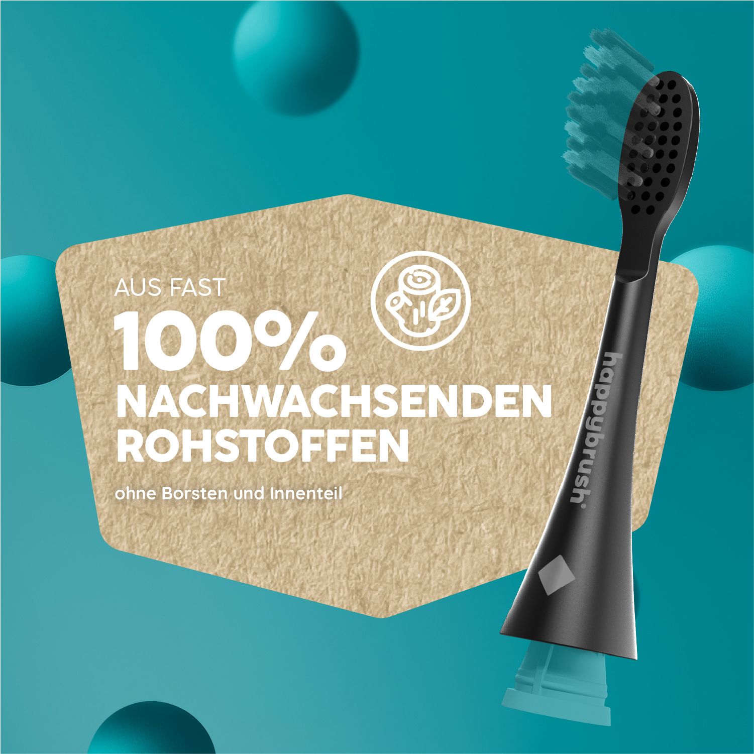 Schwarzer Zahnbürstenkopf mit Text: Aus fast 100% nachwachsenden Rohstoffen. Ohne Borsten und Innenteil.