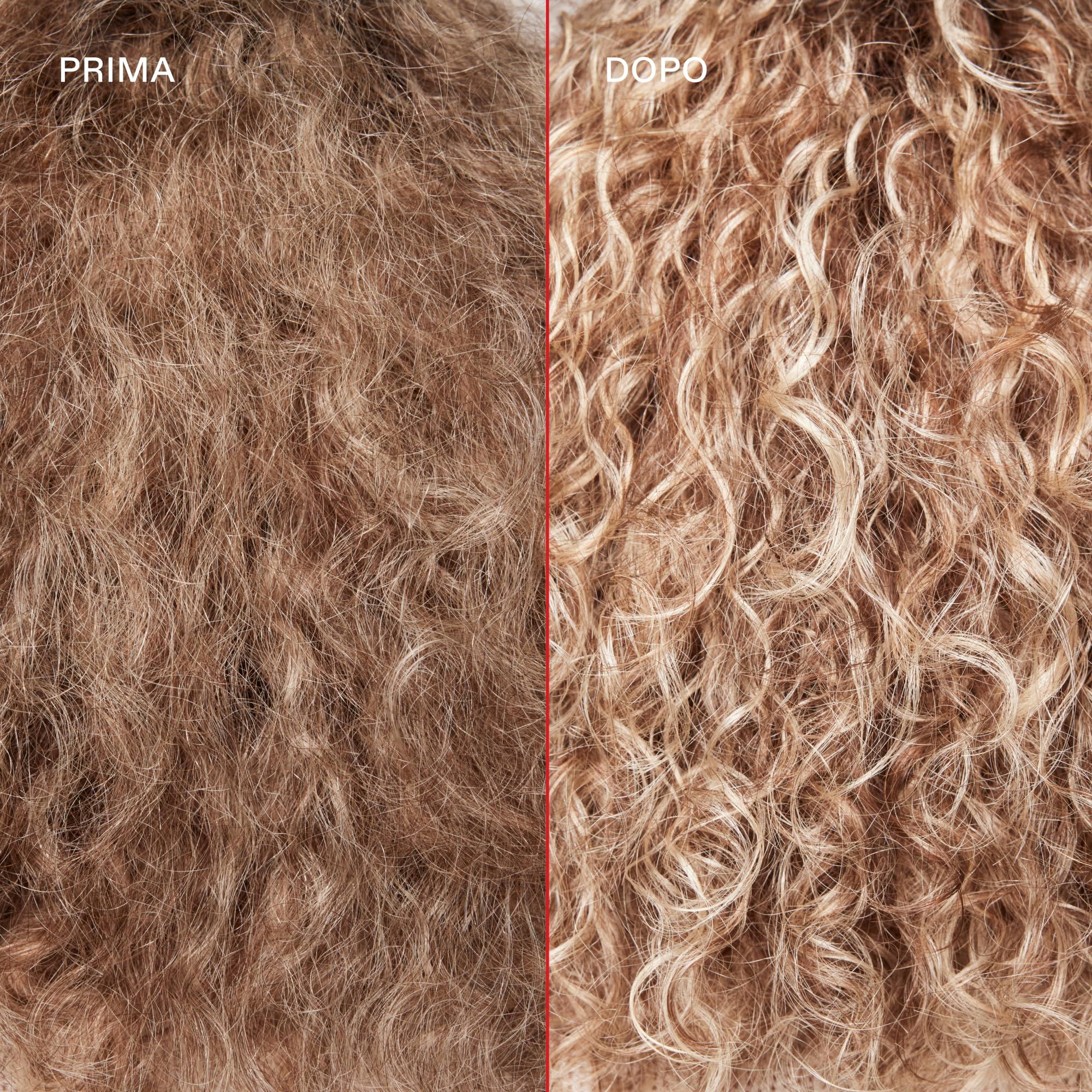 Vorher-Nachher-Vergleich von lockigem Haar. Links: trockenes Haar. Rechts: glänzendes, gelocktes Haar.