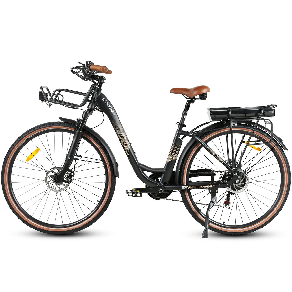 Schwarzes E-Bike mit braunen Reifen und Sattel. Gepäckträger, Korb und Akku sind sichtbar. SAMEBIKE-Logo.