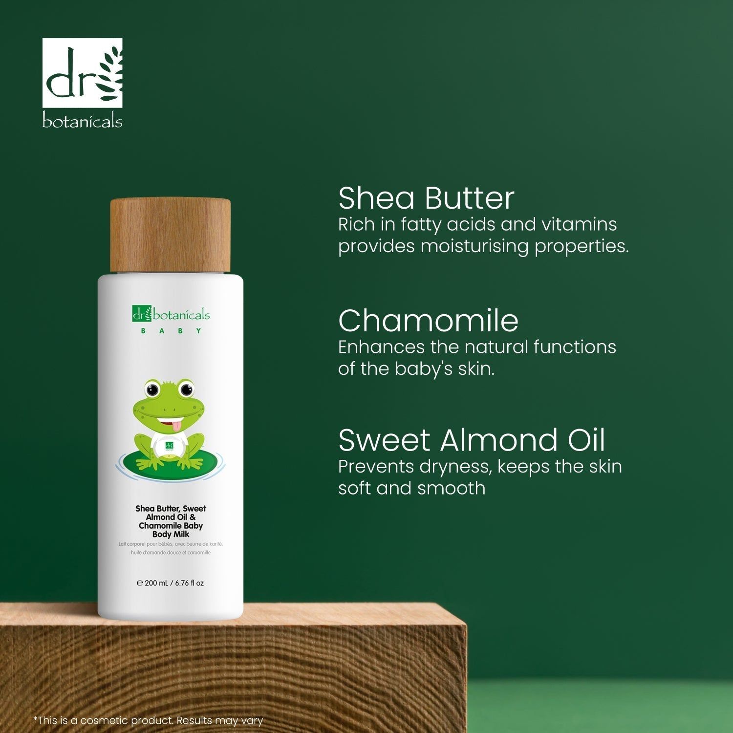 Produktflasche mit Holzdeckel. Text: Inhaltsstoffe und Vorteile. Marke: Dr Botanicals Baby. Hintergrund: Holzblock, grün.