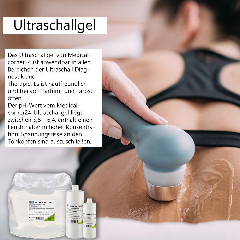 Anwendung von Ultraschallgel während einer Untersuchung, mit Produktflaschen im Vordergrund.