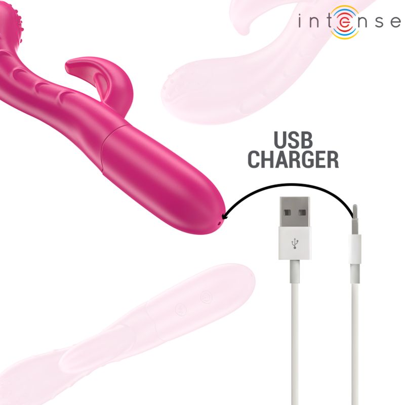 Pinkfarbener Vibrator mit stimulierender Zunge. USB-Ladekabel. Marke: Intense.