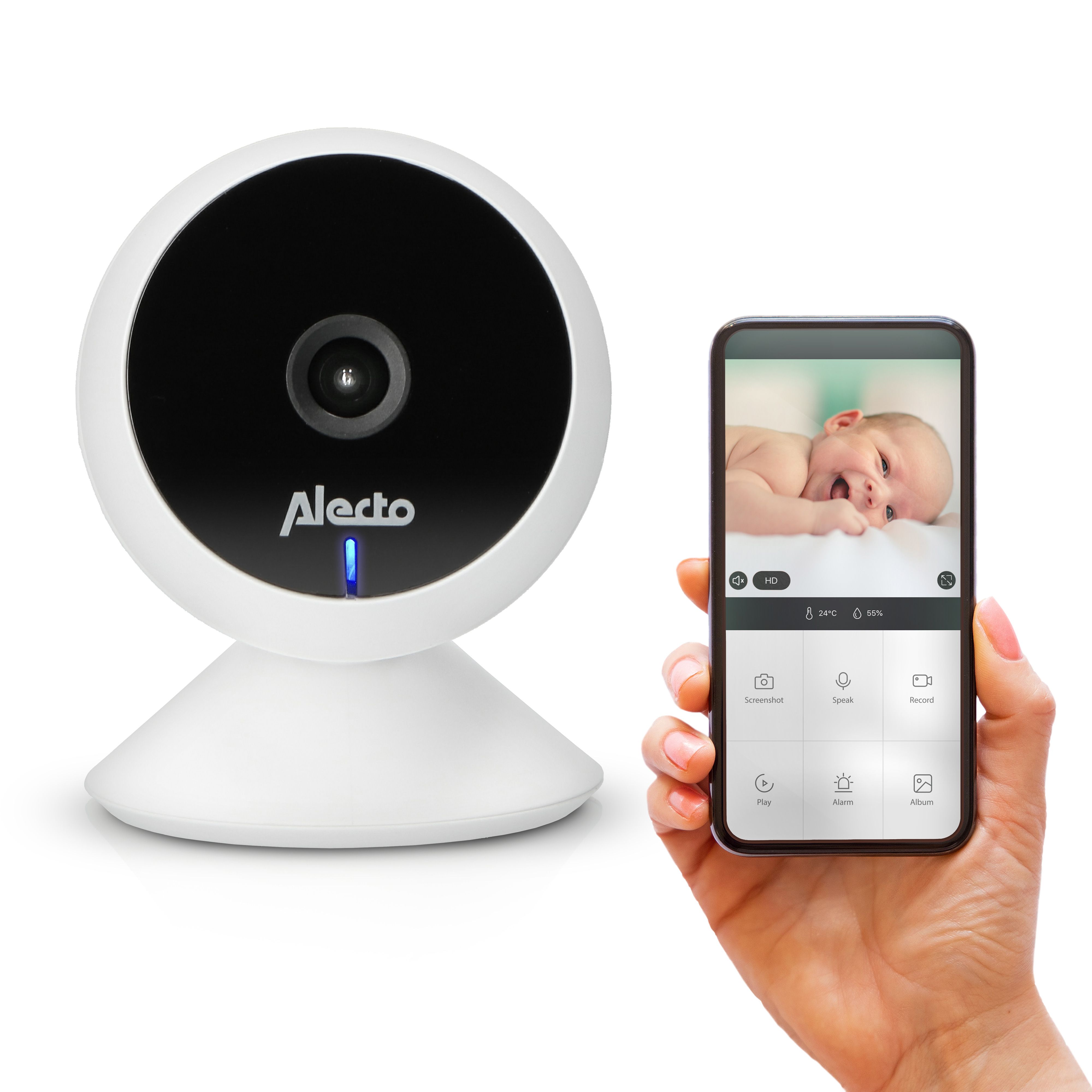 Babyphone mit Kamera, weiß. Alecto-Logo. Smartphone mit Baby-Livebild. Bedienoberfläche mit Symbolen. Blaue LED.
