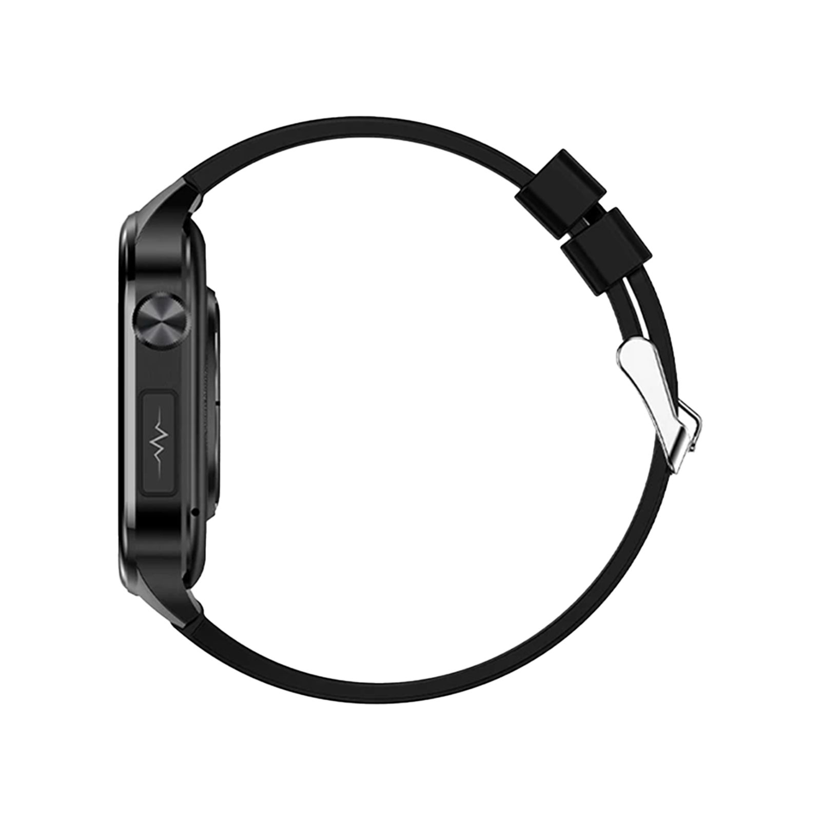 Schwarze Gesundheitsuhr, Seitenansicht. Mit Knopf und Armbandanschluss.
