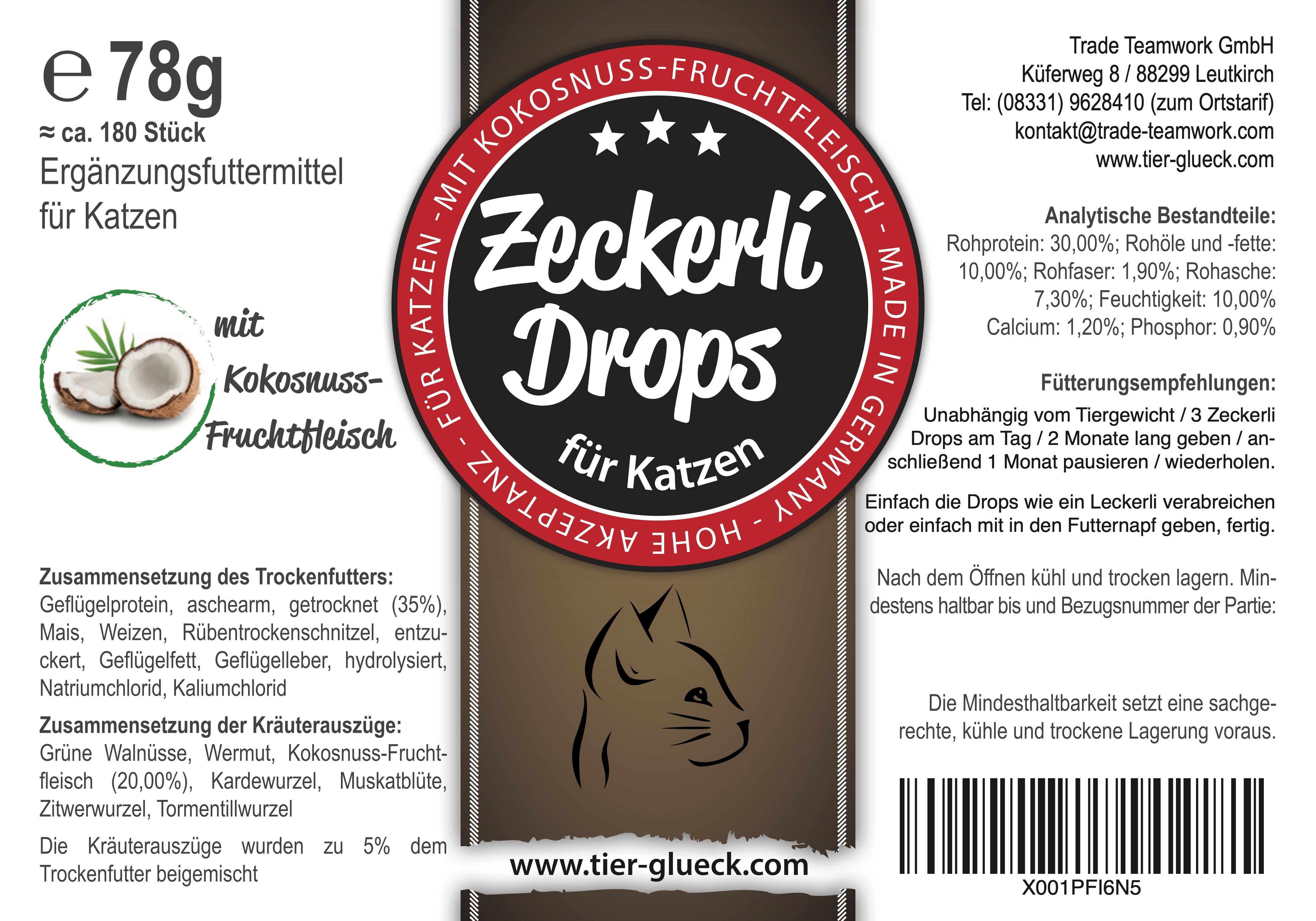 Etikett Zeckerli Drops für Katzen. Produktname, Kokosnuss-Fruchtfleisch, Inhaltsstoffe, Fütterungsempfehlungen, Logo, Website.