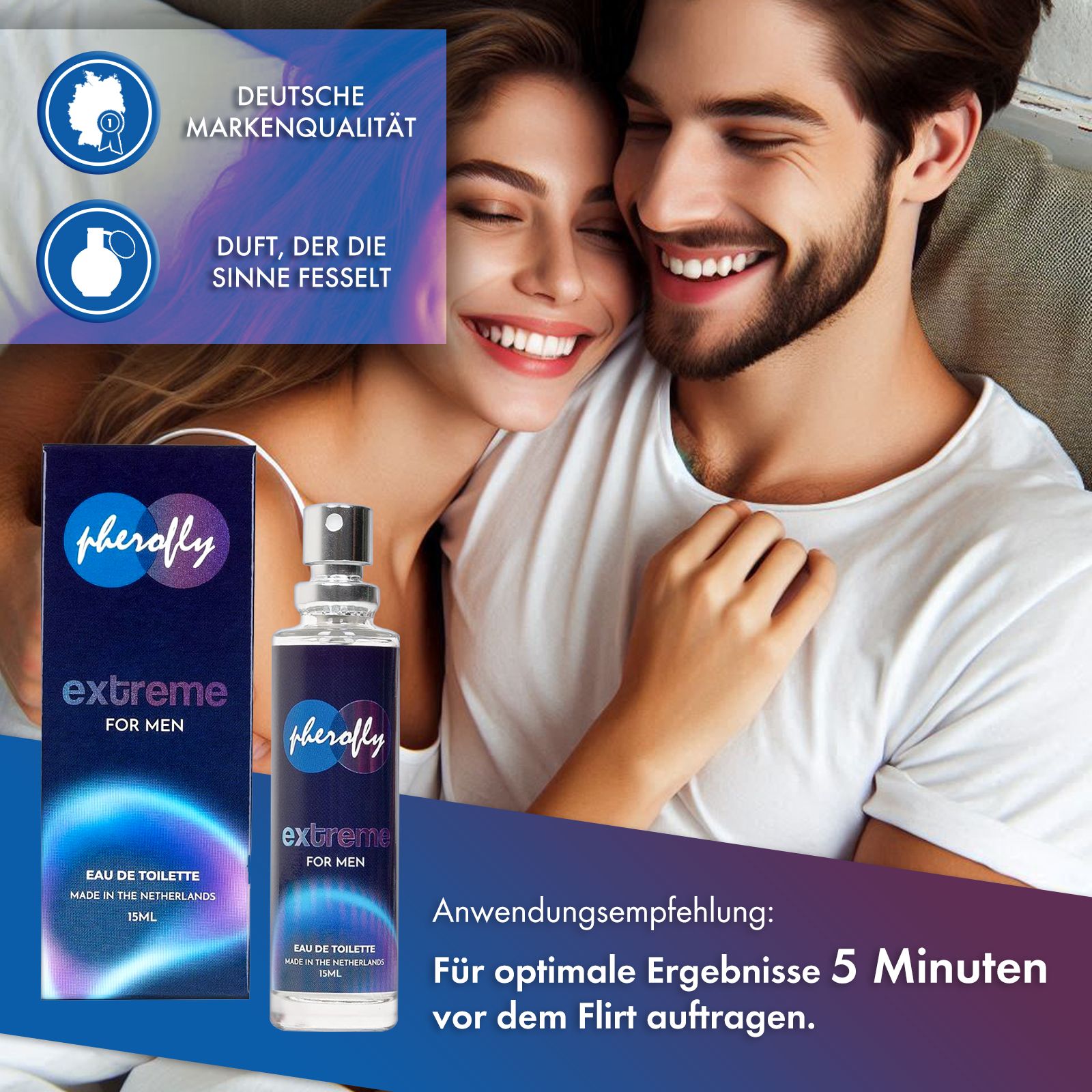 Pherofly Extreme für Herren Eau de Toilette Flakon und Verpackung. Text: Eau de Toilette, Made in the Netherlands. Anwendungsempfehlung.