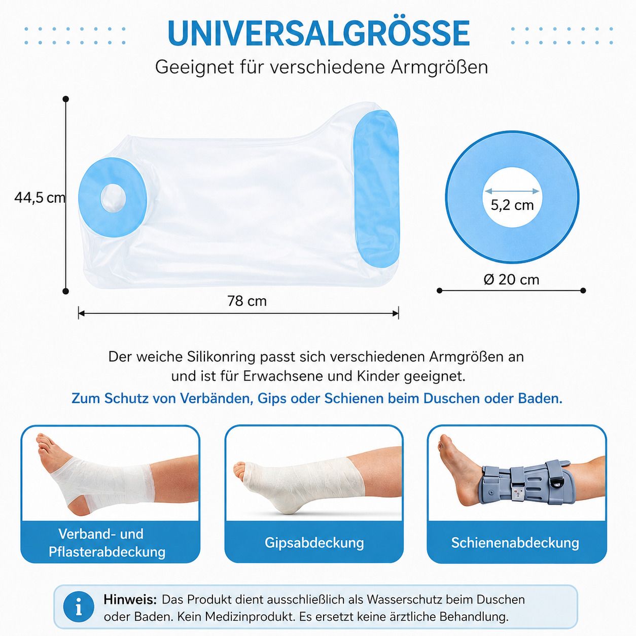 Maßangaben und Anwendungsbeispiele für einen wasserdichten Bein-Schutzüberzug.