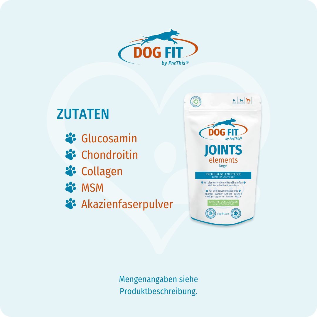 Produktverpackung DOG FIT JOINTS elements. Zutaten: Glucosamin, Chondroitin, Collagen, MSM, Akazienfaserpulver. Text: Mengenangaben siehe Produktbeschreibung.