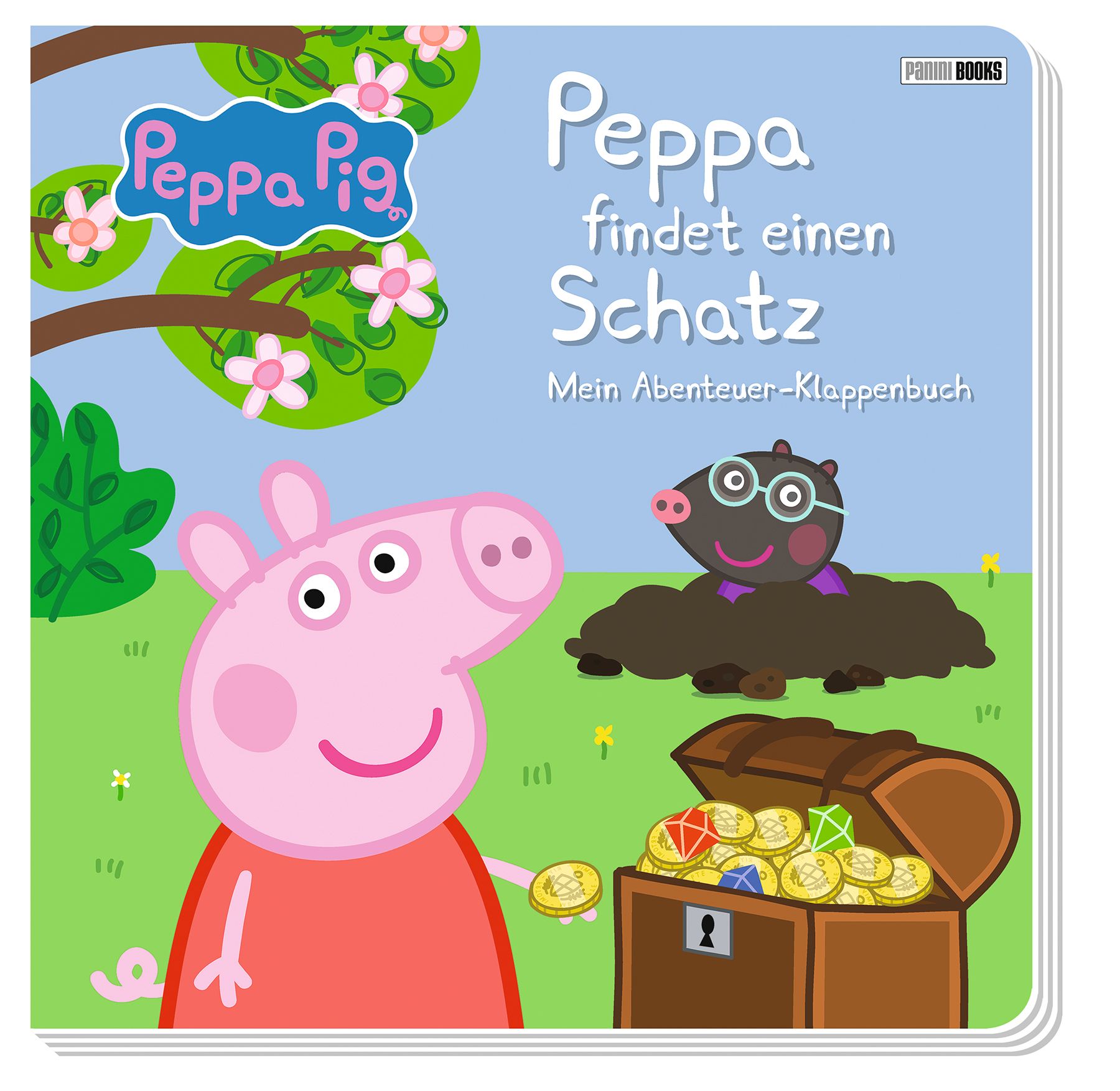 Buchcover: Peppa Pig, Titel 'Peppa findet einen Schatz'. Illustration mit Peppa, Schatzkiste und Maulwurf.