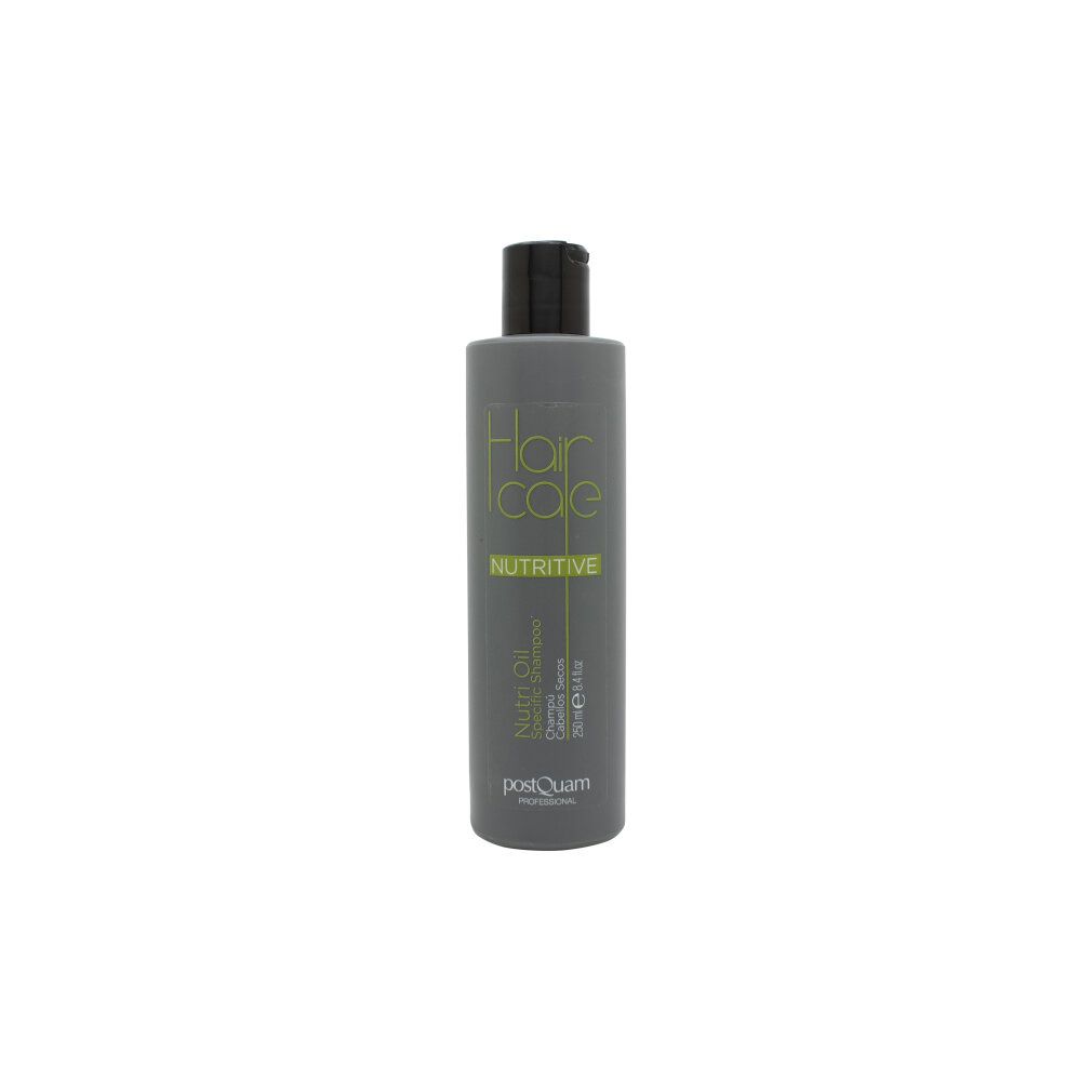 Graue Flasche mit schwarzem Deckel. Aufschrift: Hair Care Nutritive, Nutri Oil Conditioner. Marke: Postquam Professional.