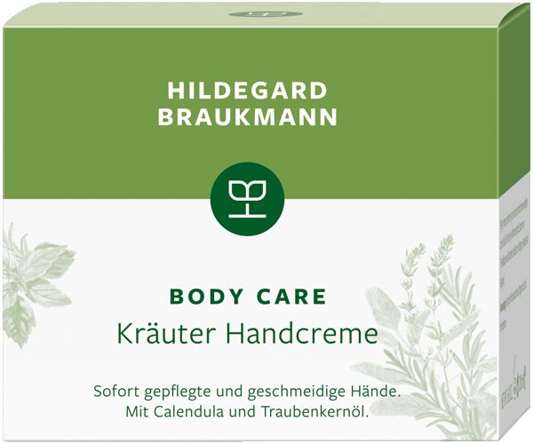 Karton mit grüner Oberseite und weißer Unterseite. Beschriftung: Hildegard Braukmann, Body Care Kräuter Handcreme. Grünes Logo und Kräuterabbildung.