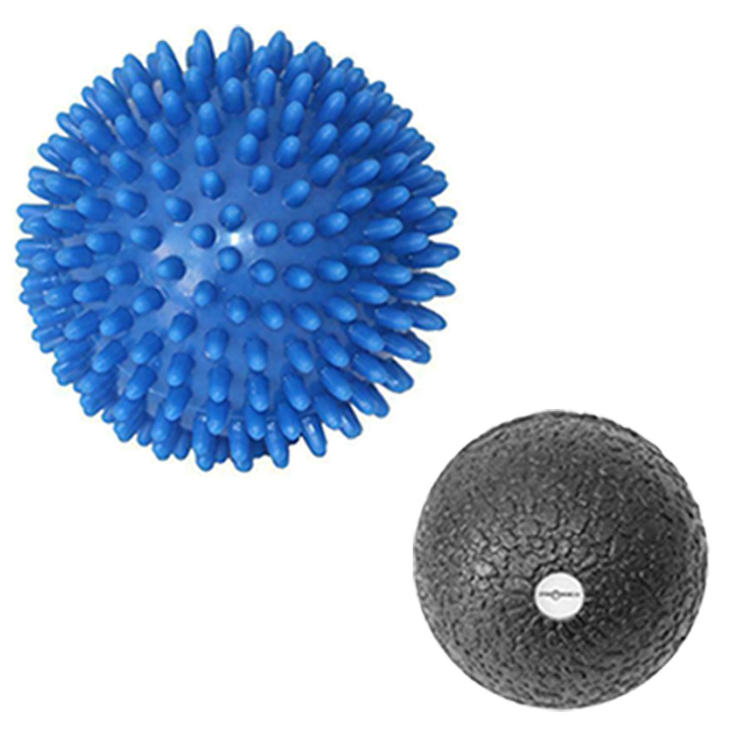 Zwei Massagebälle. Oben ein blauer Ball mit Noppen, unten ein schwarzer Ball mit glatter Oberfläche und Logo.