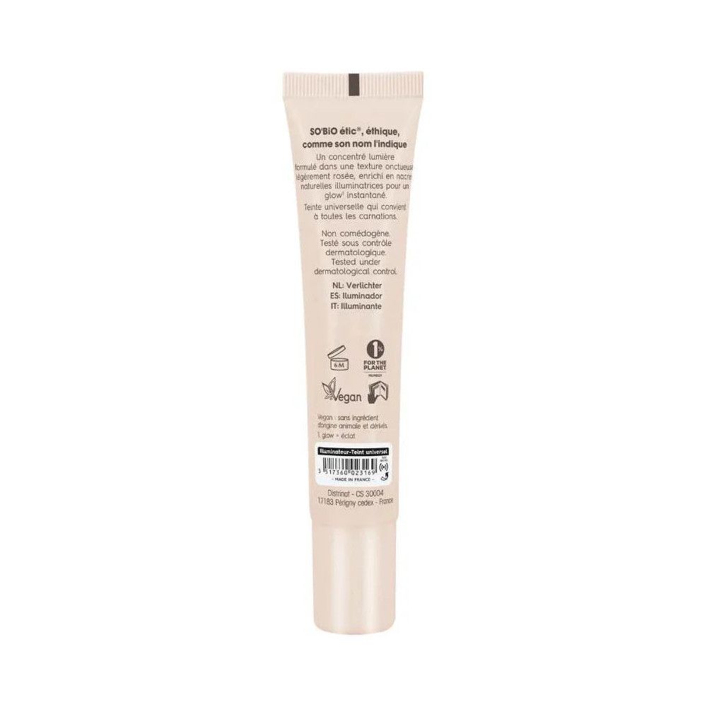 SO'BiO étic Highlighter-Tube Rückseite. Beige Tube mit Text. Vegan-Siegel. 15 ml.