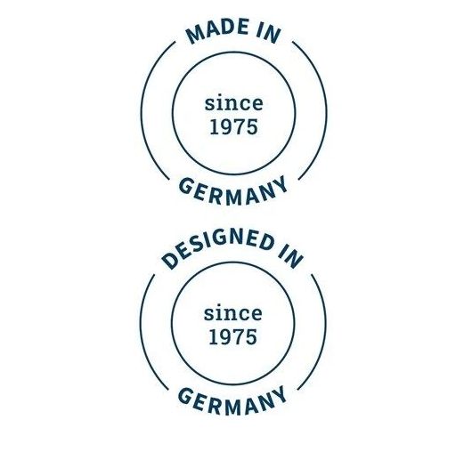 Zwei Kreise mit Text: Made in Germany since 1975 und Designed in Germany since 1975.